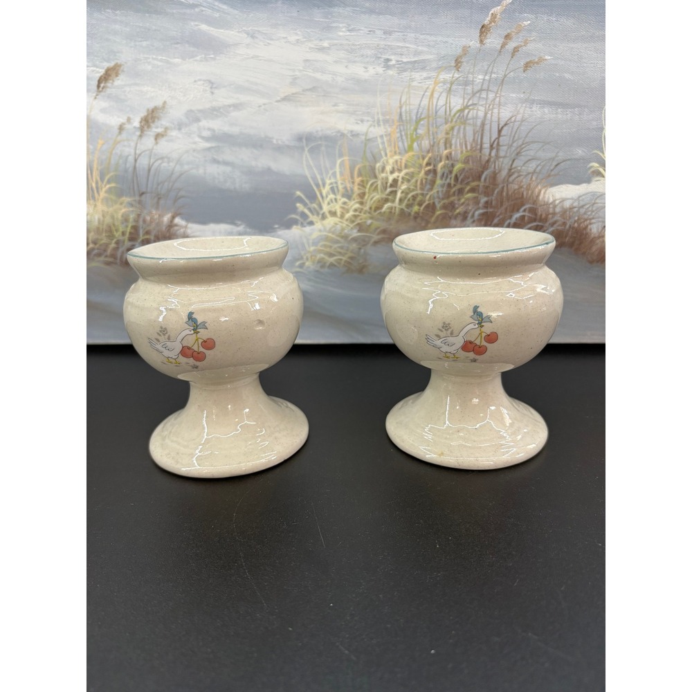 Vintage Country Goose Ceramic Taper Candle Holder Set Speckled Cream Cherry 2pc